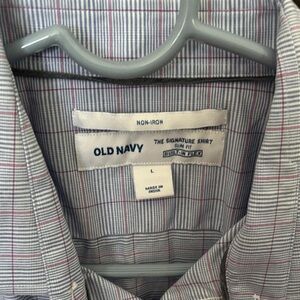 Old Navy Men's Dress Shirt - Blue and Red Windowpane Stripe